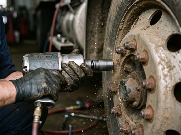 Impact wrench on a big-rig wheel