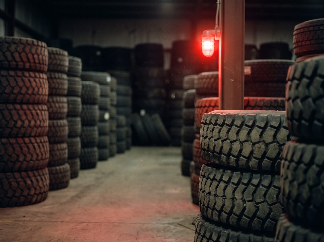 Rows of heavy-duty truck tires in stock